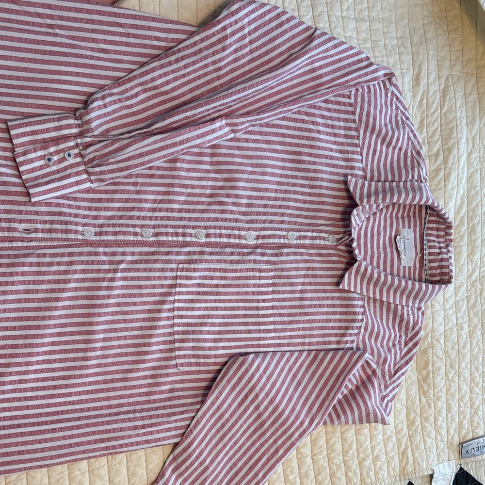 Lon Pink and White stripped with 3/4 length sleeves, fits large like a med